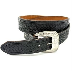 Black Leather Western Belt 36 Tooled Basketweave Silver Scroll Buckle Cowboy USA
